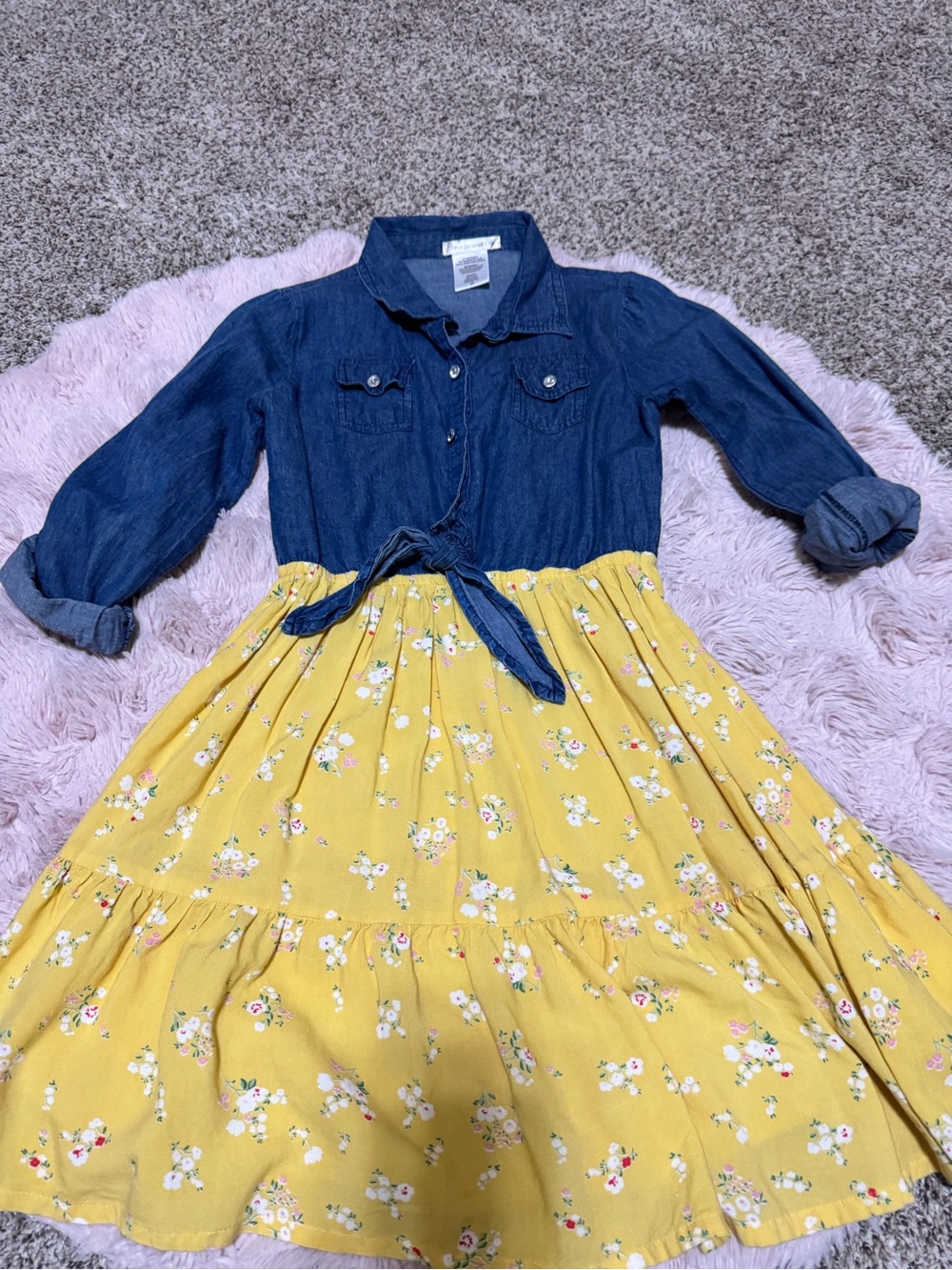 Love Squared Denim Top Yellow Floral Tie-Waist Dress